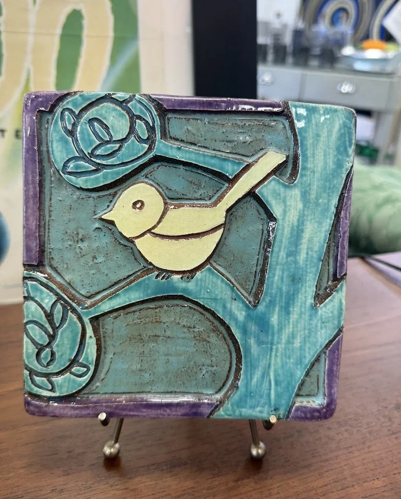 Sweet Handcrafted Ceramic Tile of a Stylized Bird in a Tree