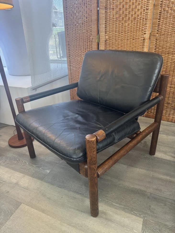 1970s Black Leather and Dark Oak Lounge Chair by Nicos Zographos
