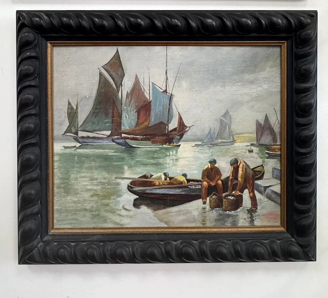 Original Signed and Dated 1947 Painting of Fishermen and Boats in Wonderful Carved Frame