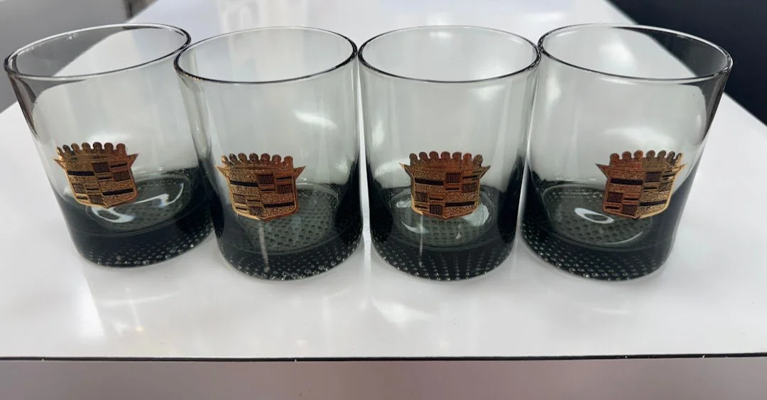Set of 4 Vintage Smoked Glasses Rocks Glasses with Gold Embossed Cadillac Logo