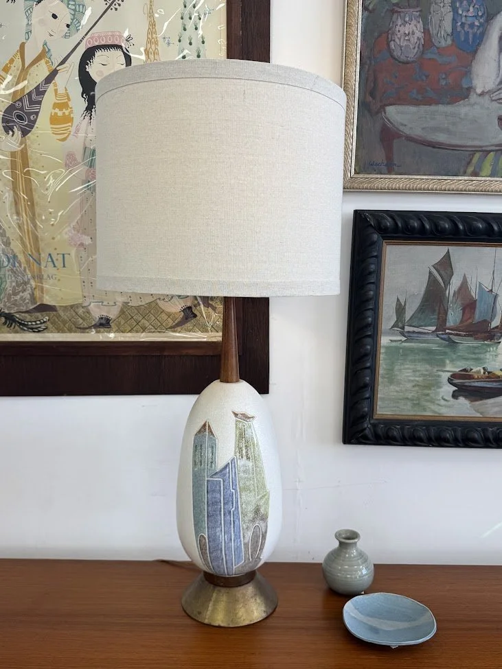 Vintage Mid Century Ceramic, Walnut and Brass Lamp with Stylized Buildings Design (Possibly Bitossi?)