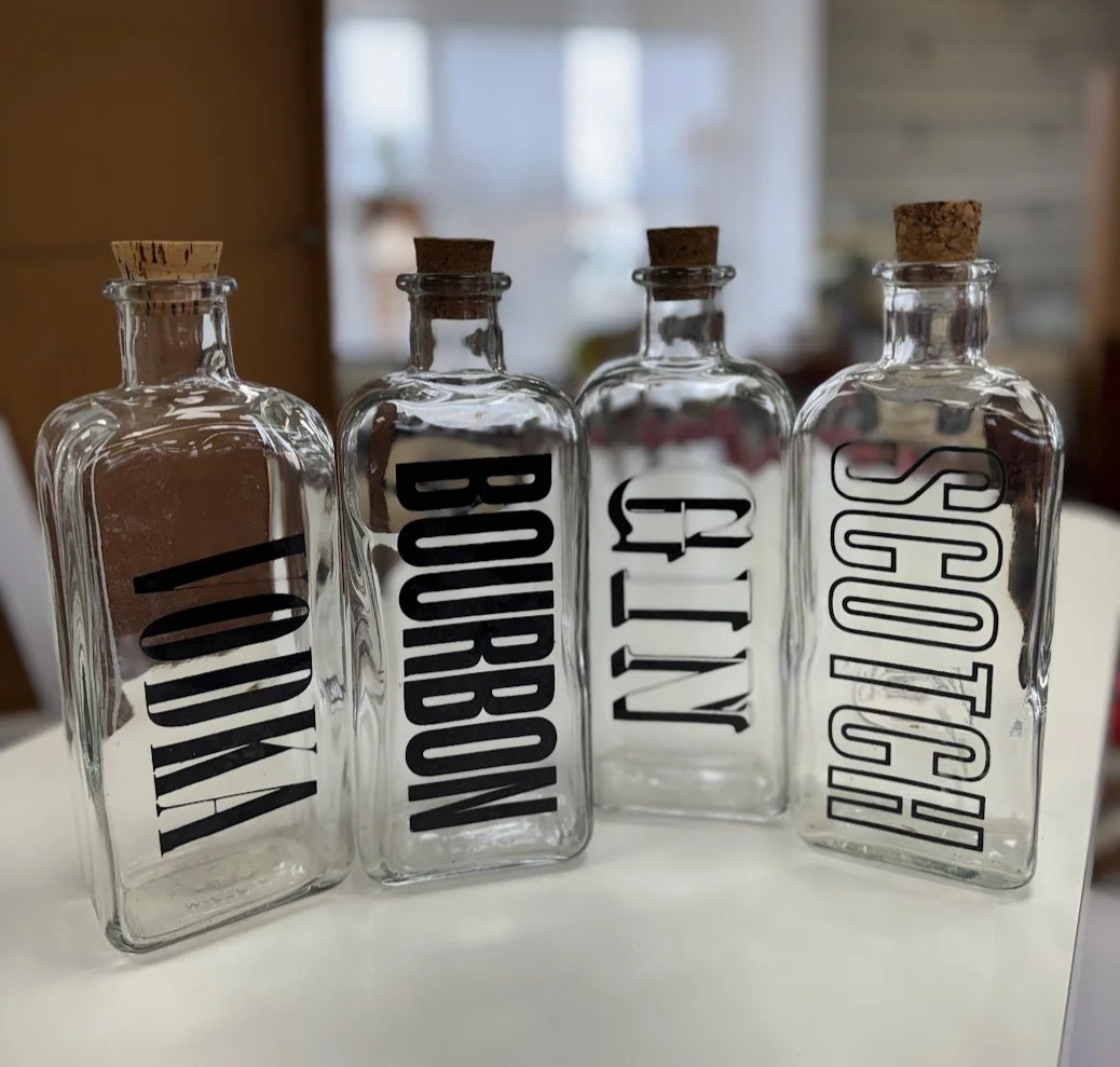 Set of 4 Vintage 1970s Liquor Decanters w Great Typography!