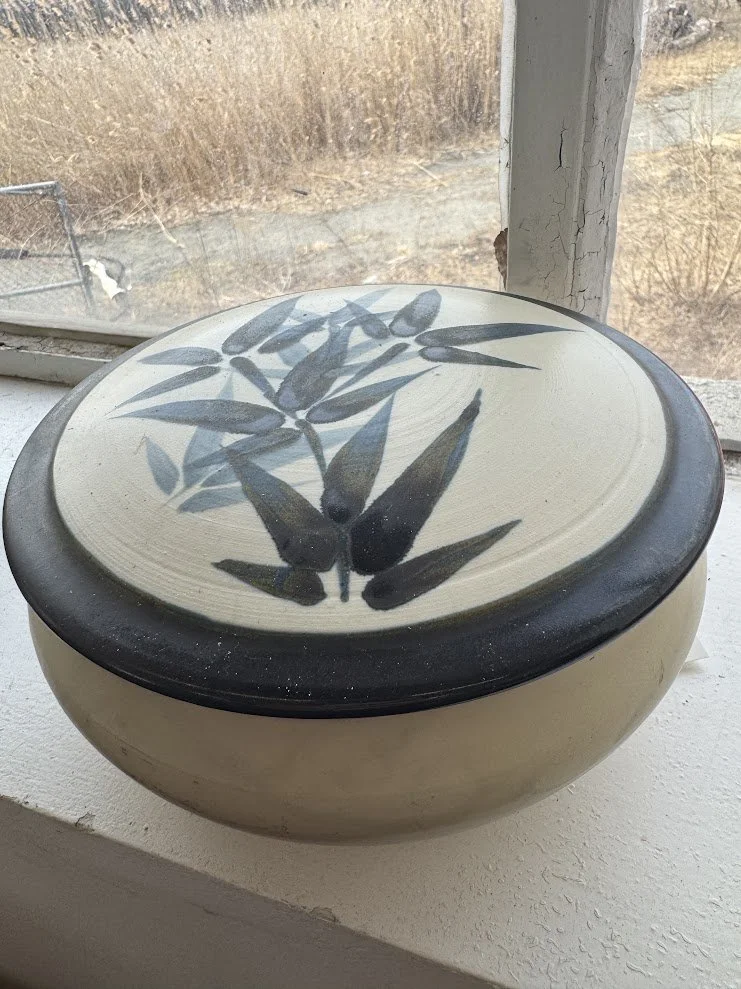 Handcrafted  & Hand Painted Bamboo Design Covered Ceramic Casserole