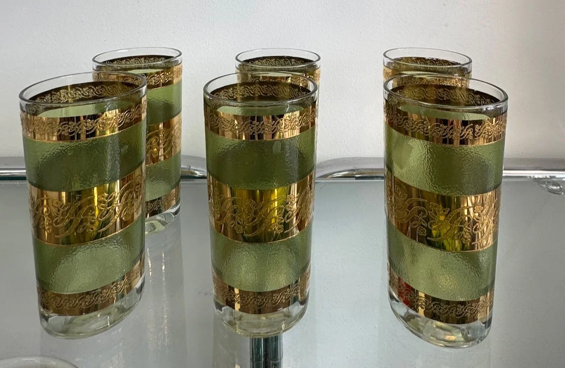 Set of 6 Vintage Mid Century Green w Gold High Ball Glasses 