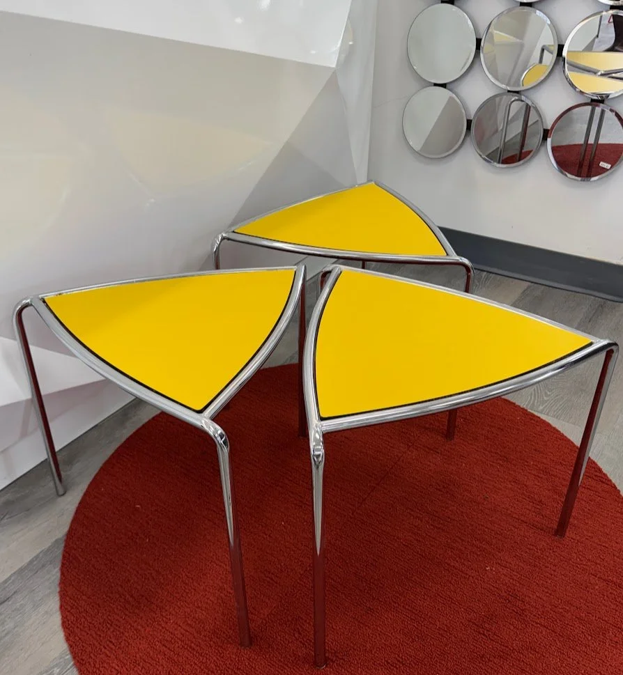 Set of 3 Mod Yellow Triangular Laminate and Chrome Stacking Tables 18.5" x 18.5" x 18.5" x 16"h