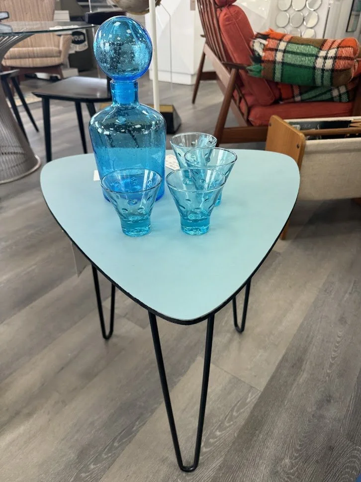 Contemporary Blue Guitar Pick Shaped Side Table w Hairpin Legs