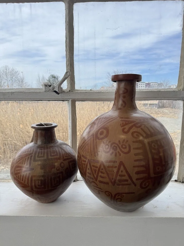Pair of South American Clay Vessels w Hand Painted Surface Decoration