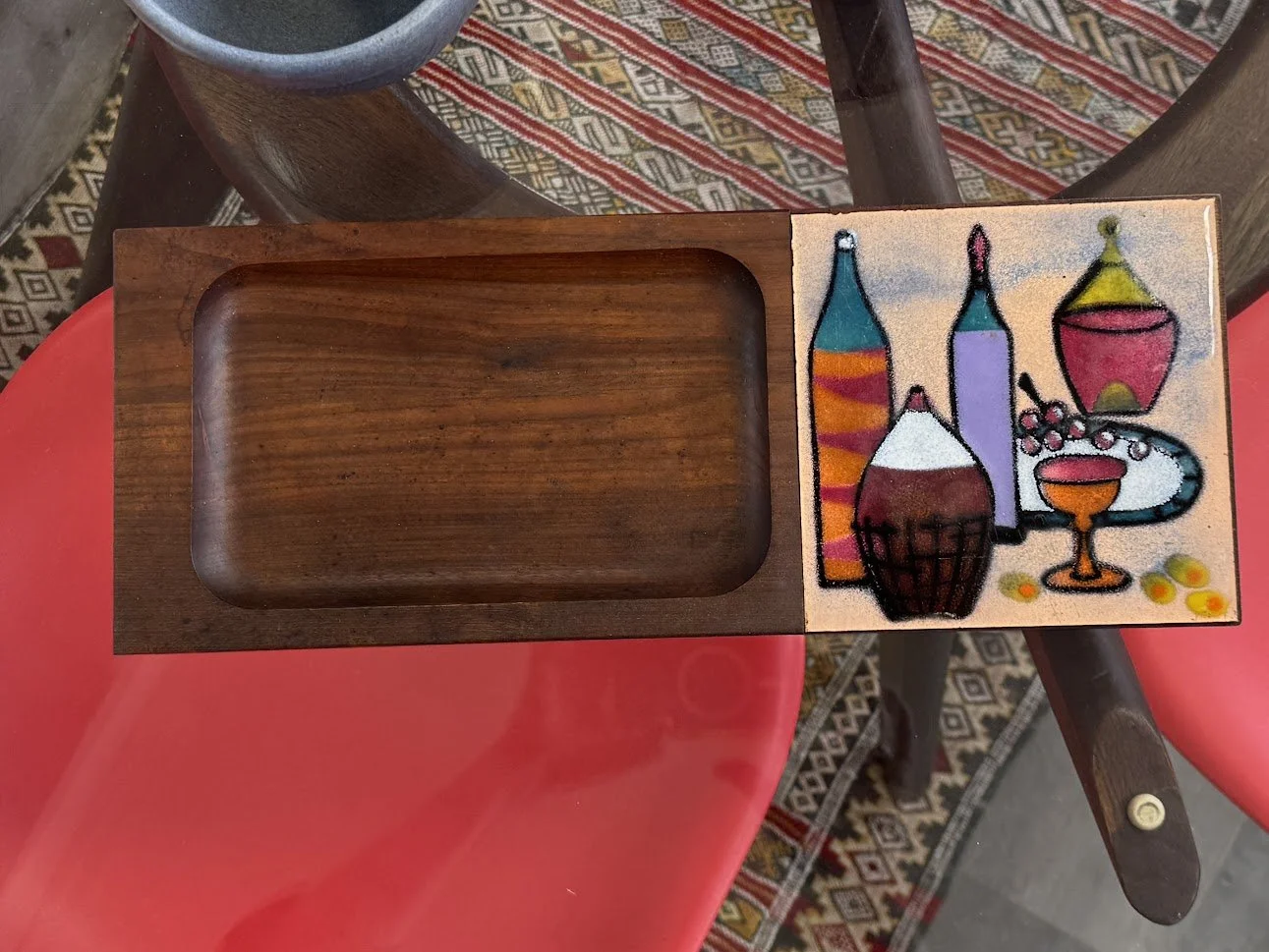 Mid Century Walnut Serving Tray w Enameled Copper Insert