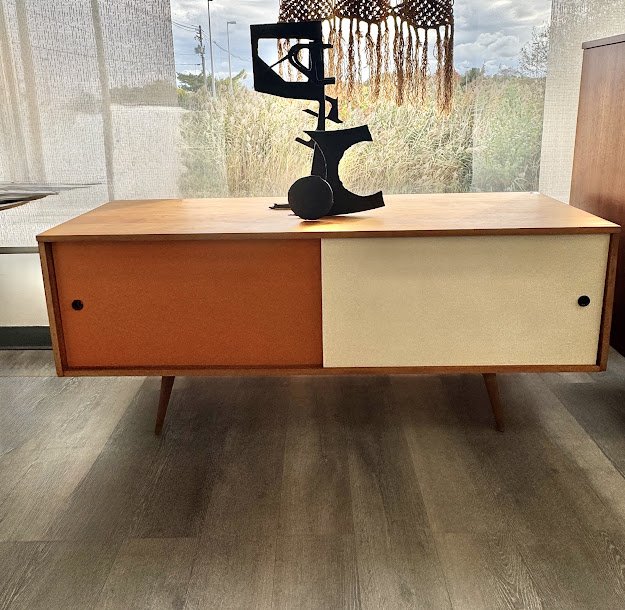 Mid Century Paul McCobb Sliding Door Media Cabinet / Credenza w Re-painted Orange and White Doors 60w 18.25d 25.5h