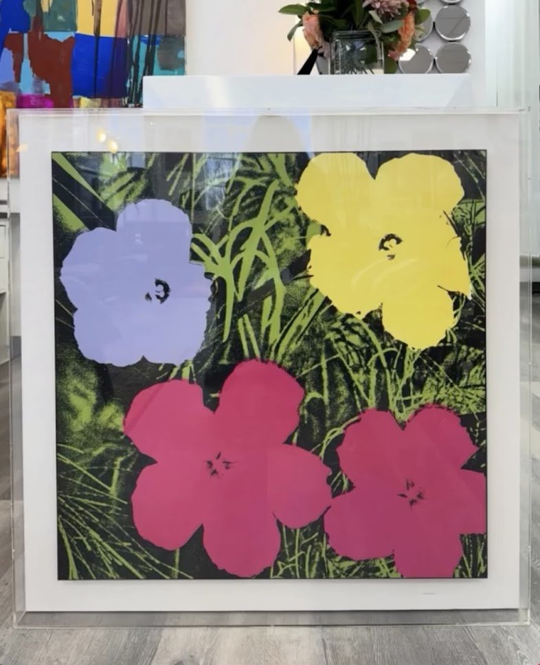 Large Scale Andy Warhol Flowers Print Mounted and Floating in Plexi Box Frame