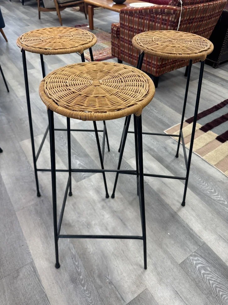 Set of 3 Woven Rattan & Iron Rod Bar Stools by Danny Ho Fong Circa 1960s
