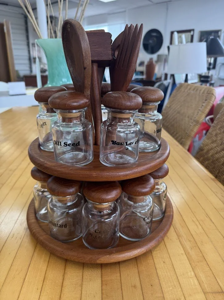 Vintage Two Tiered Teak Lazy Susan with Spice Bottles and Kitchen Utensils