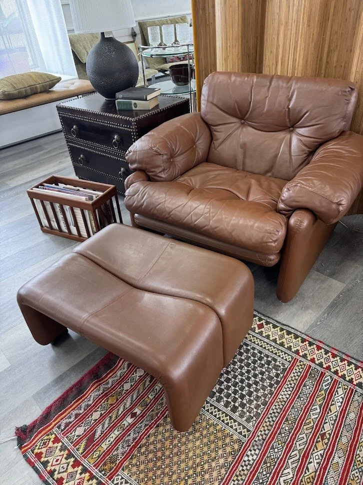 Vintage Italian Coronado Leather Lounge Chair w Matching Ottoman by Tobia Scarpa for C&B Italia