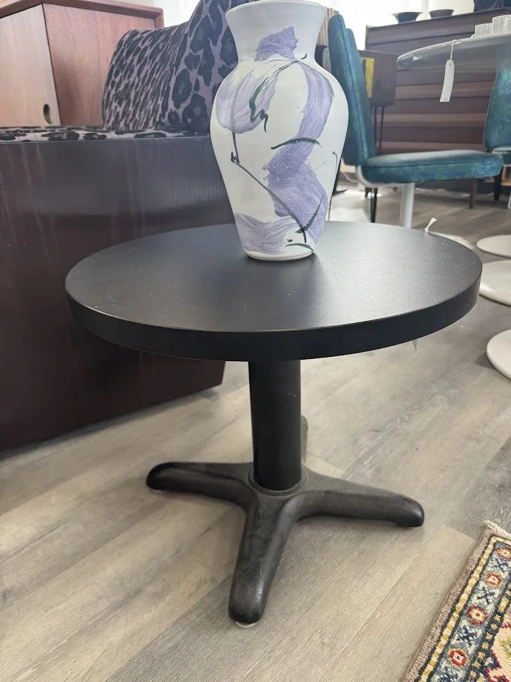 Black Laminated Chunky Round Side Table w Heavy Metal Base