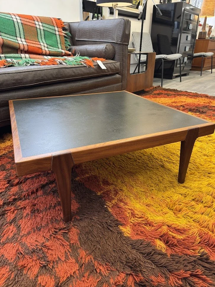 Vintage Square Low Walnut Coffee Table w Leather Top  31.5 x 31.5 x 11h