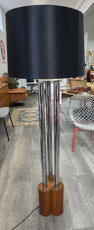 Vintage Chrome Tubular Floor Lamp with Solid Wood Clover Shaped Base and Black Shade