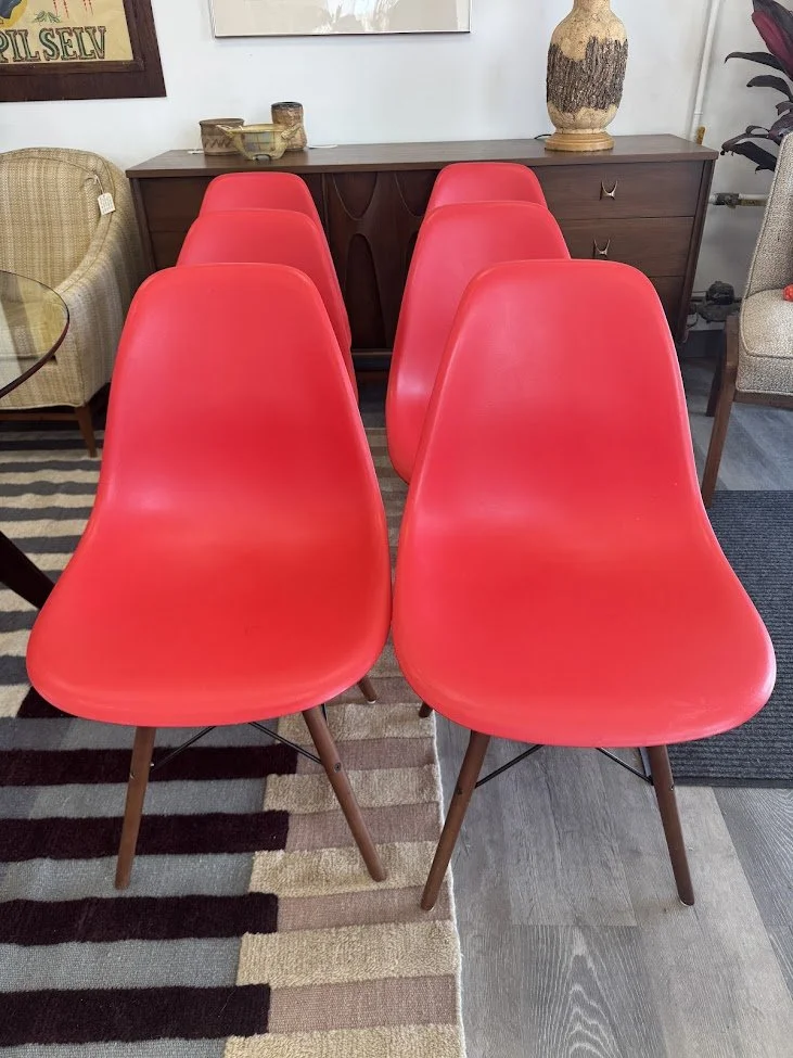 Set of 6 Contemporary Red Plastic Shell Chairs w Wood and Metal Bases