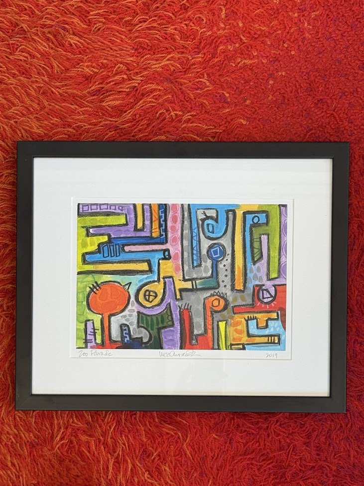 Original Signed Colorful Abstract Painiting "Zoo Parade" 16"w by 13"h