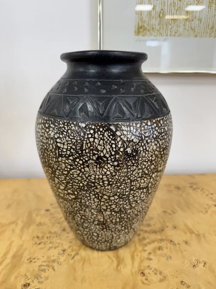 Large Ceramic Vase w Carved Details and Crackle Glaze