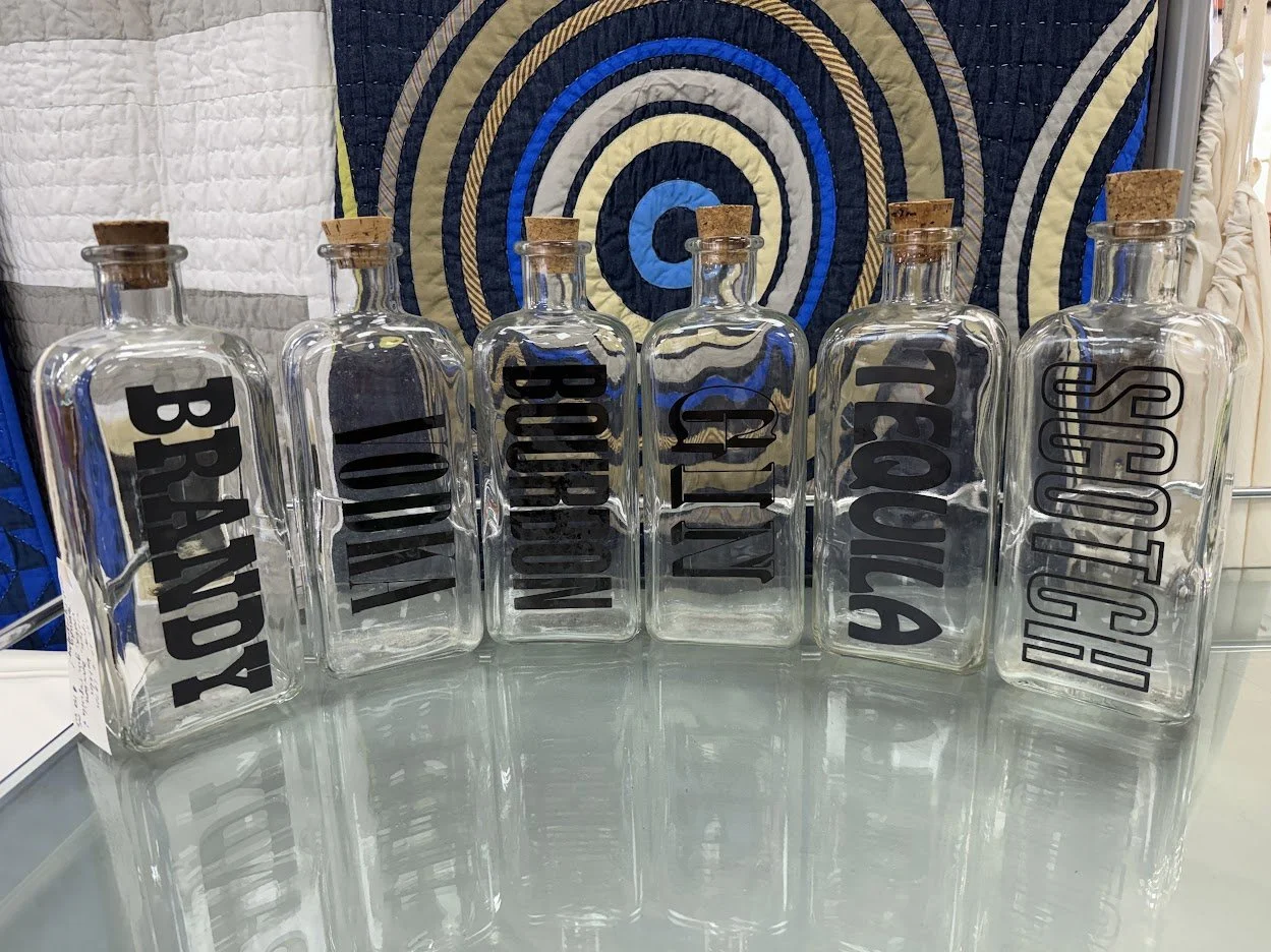 Set of 6 Vintage 1970s Liquor Decanters w Great Typography!