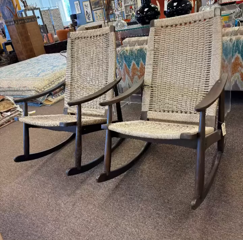 Pair of Vintage 1970s Woven Rope Rocking Chairs Made in Yugoslavia