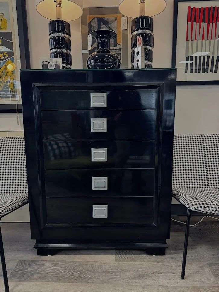 Vintage 1950s Futurama Black Lacquered 5 Drawer Chest w Cast Aluminum Pulls