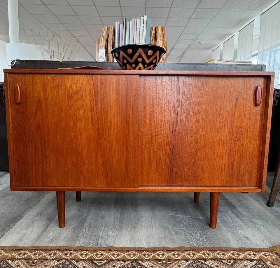 Danish Teak Sliding Door Credenza w Adjustable Shelves Fully Refinished