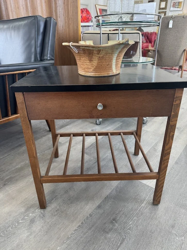 Mid Century Side Table by Stanley Walnut w Black Laminate Top