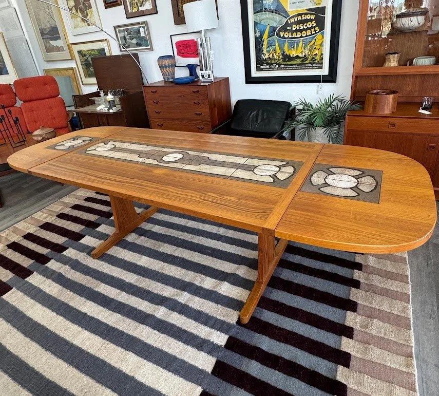 Mid Century Danish Teak and Ceramic Tile Drop Leaf Trestle Dining Table