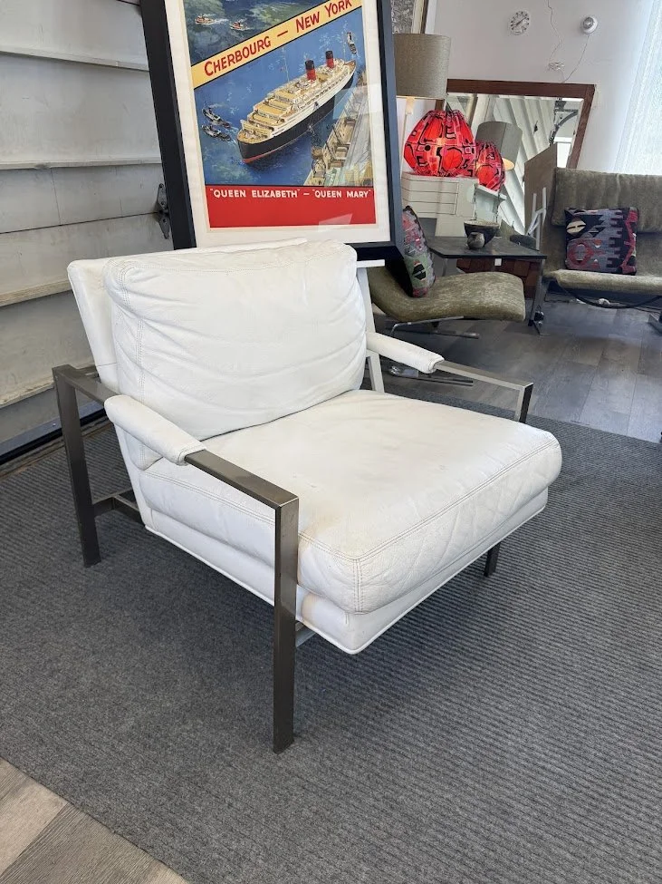 Vintage 1970s Milo Baughman White Full Grain Leather Lounge Chair w Flat Bar Metal Frame (Original Tag Affixed)