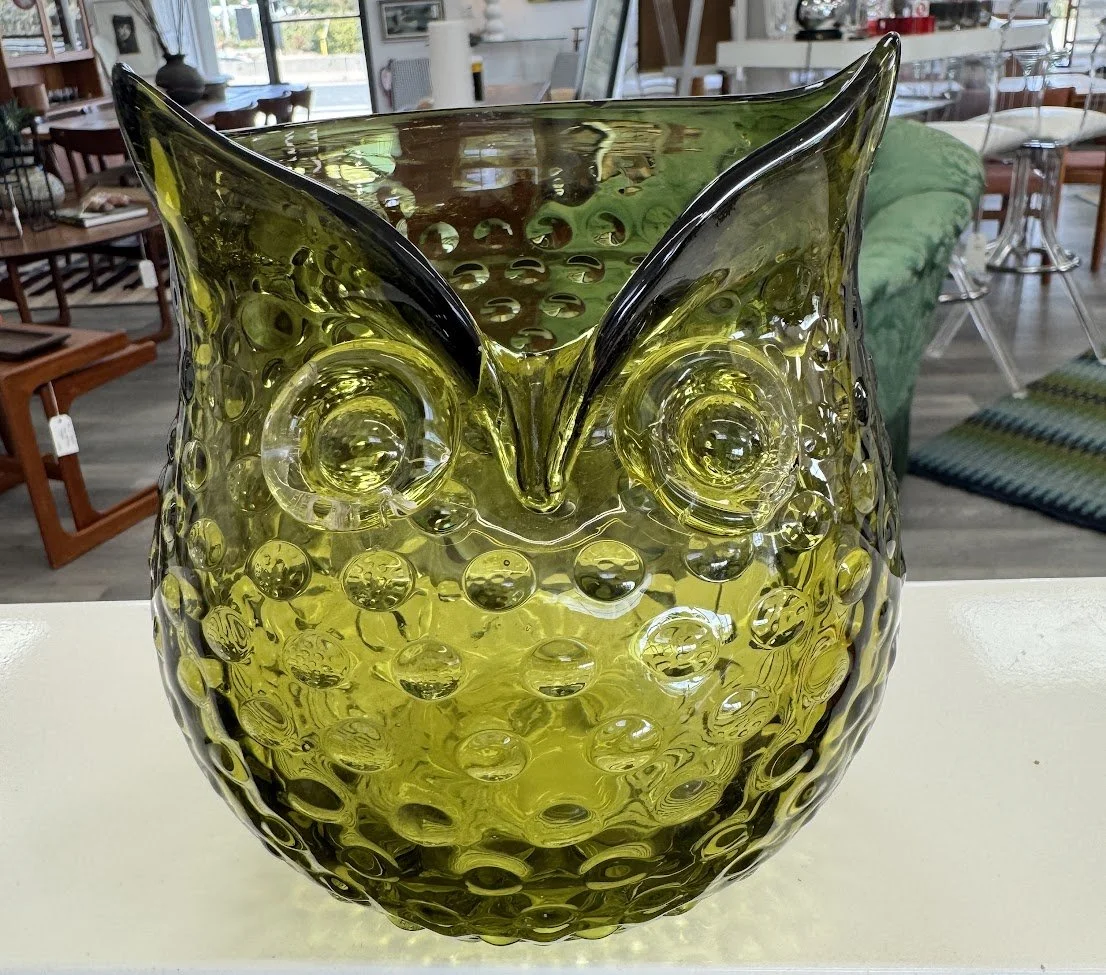 Hand Blown Green Glass Owl Vase