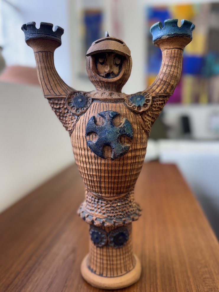 Fabulous Mid Century Scandinavian Ceramic Candle Holder in the Form of a Knight, Artist Stamp