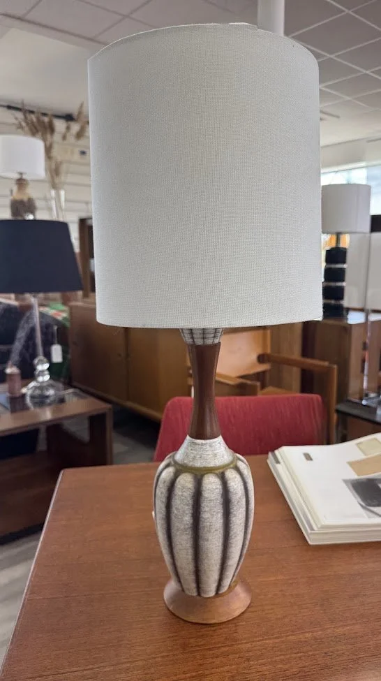 Mid Century Ceramic and Walnut Smaller Scale Table Lamp