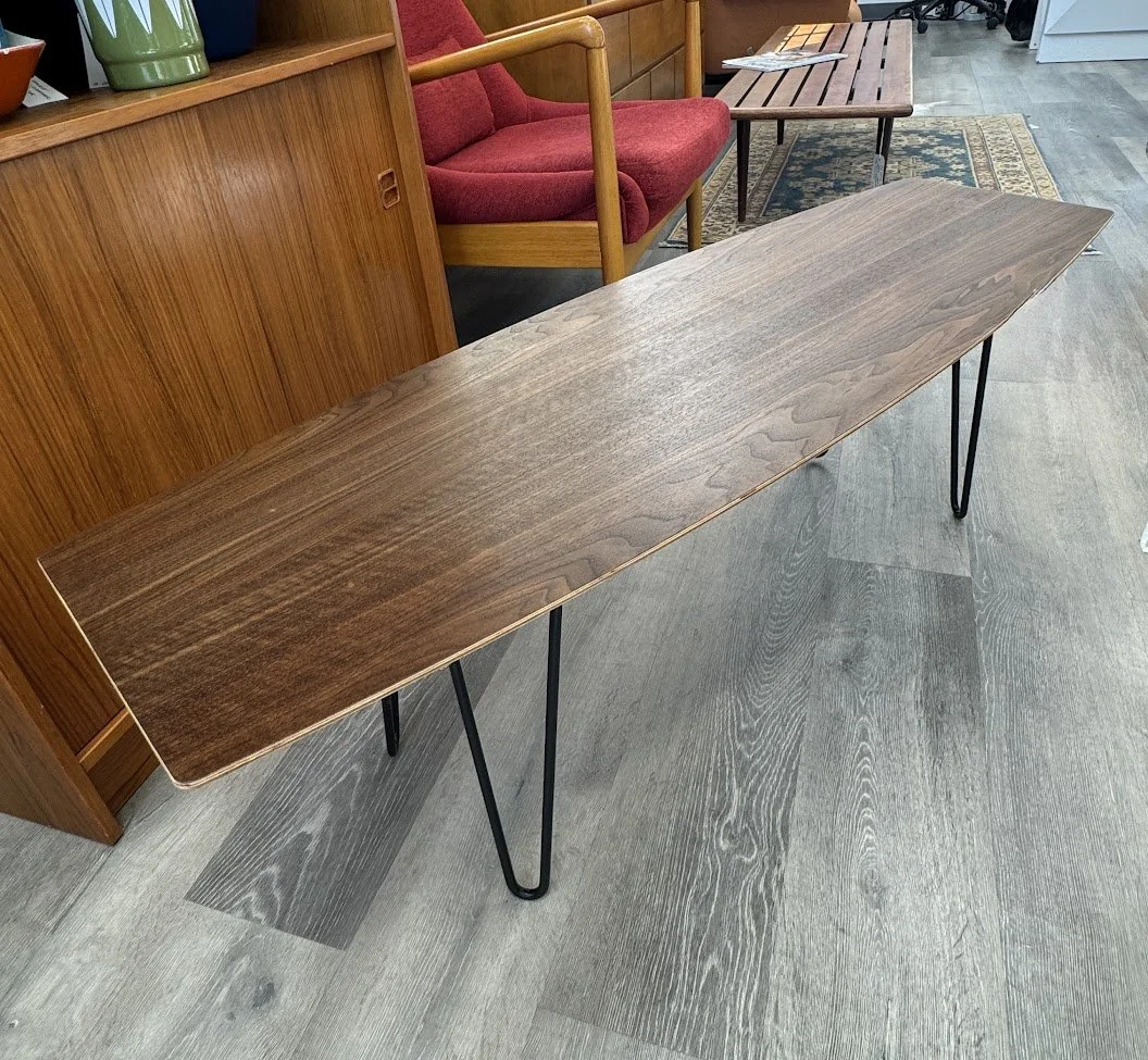 Walnut Surfboard Style Coffee Table w Hairpin Legs 47" x 15" x 15"h