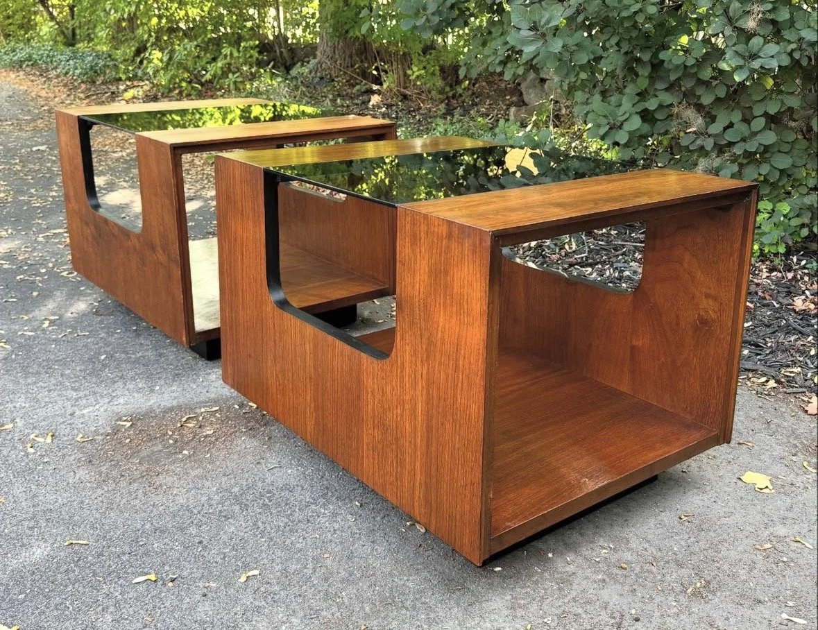 Vintage Pair of Lane Sculptural End Tables w Smoked Glass Tops
28" x 22" 20"h