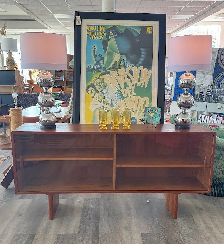 Mid Century Danish Teak Cabinet / Bookcase w Sliding Glass Doors and Adjustable Shelves by Dyrlund 70 x 14.5 x 33.5h