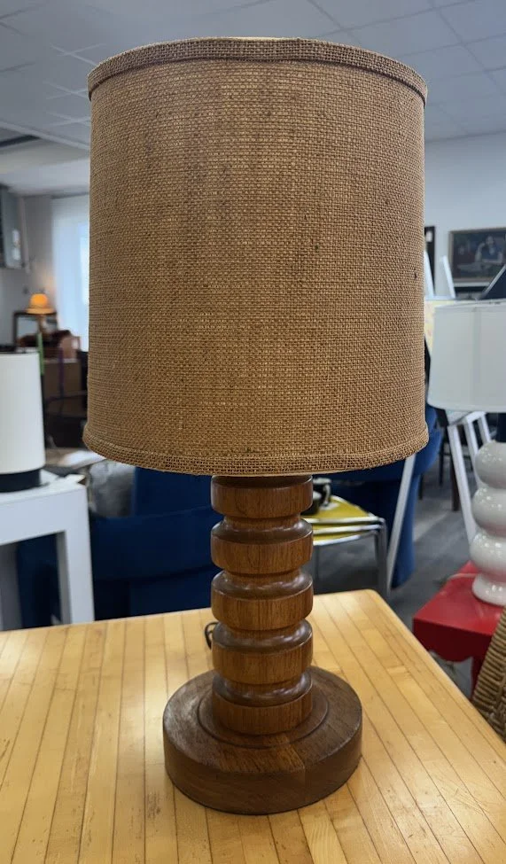 Vintage Solid Wood Lamp w Orig Burlap Shade