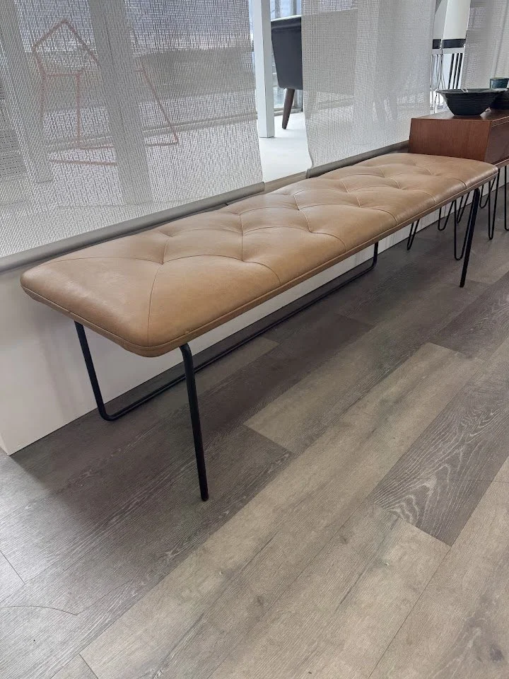 Contemporary Camel Colored Upholstered Bench w Metal Legs