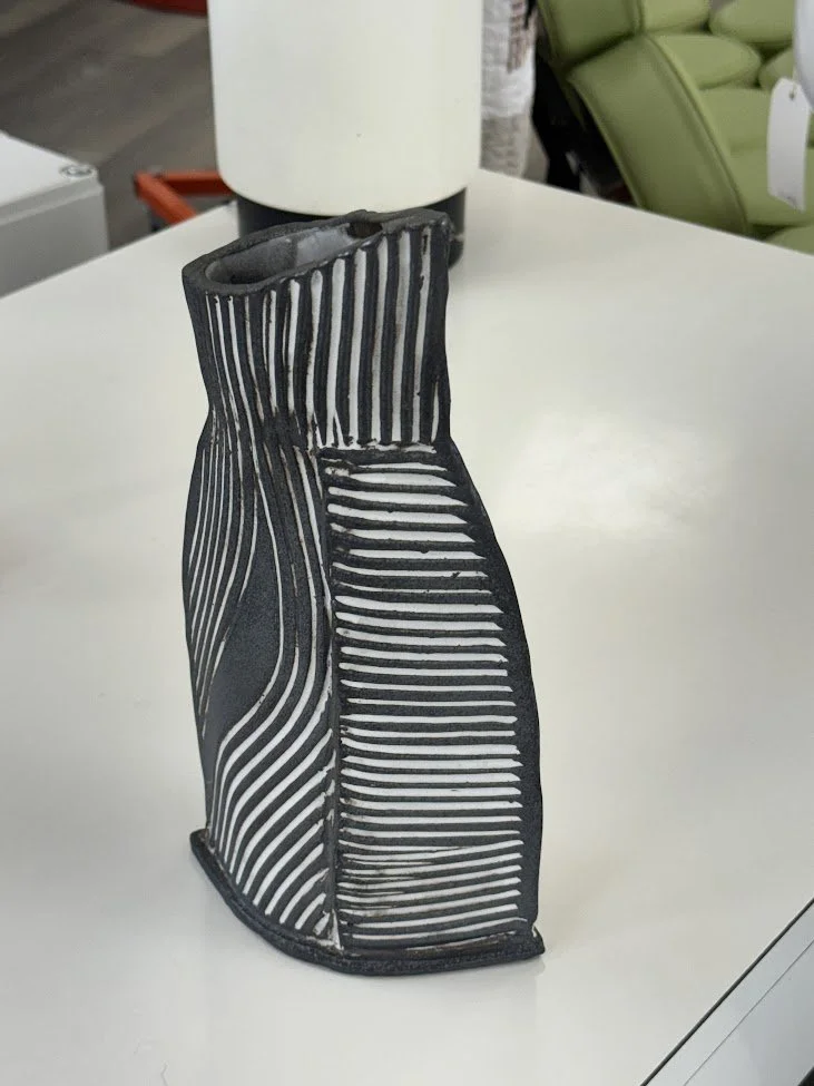 Fabulous Hand Built Black & White Ceramic Vase with Wonderful Texture