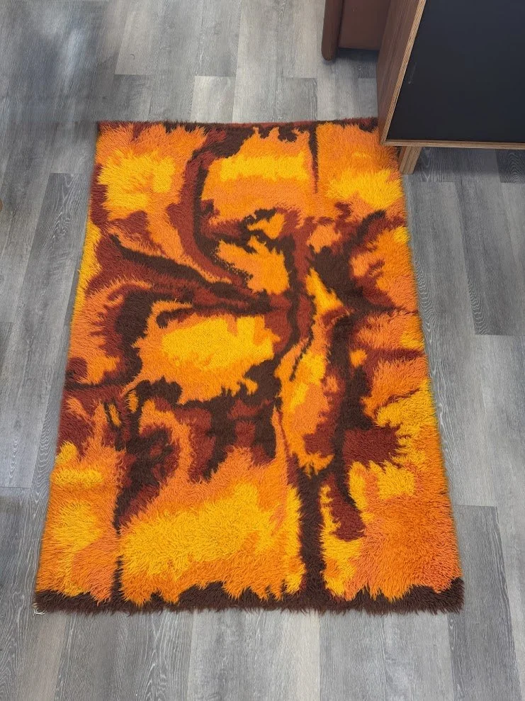 Vintage Rya Rug with Orange, Yellow, Brown, Red Tones 4' by 5'11"