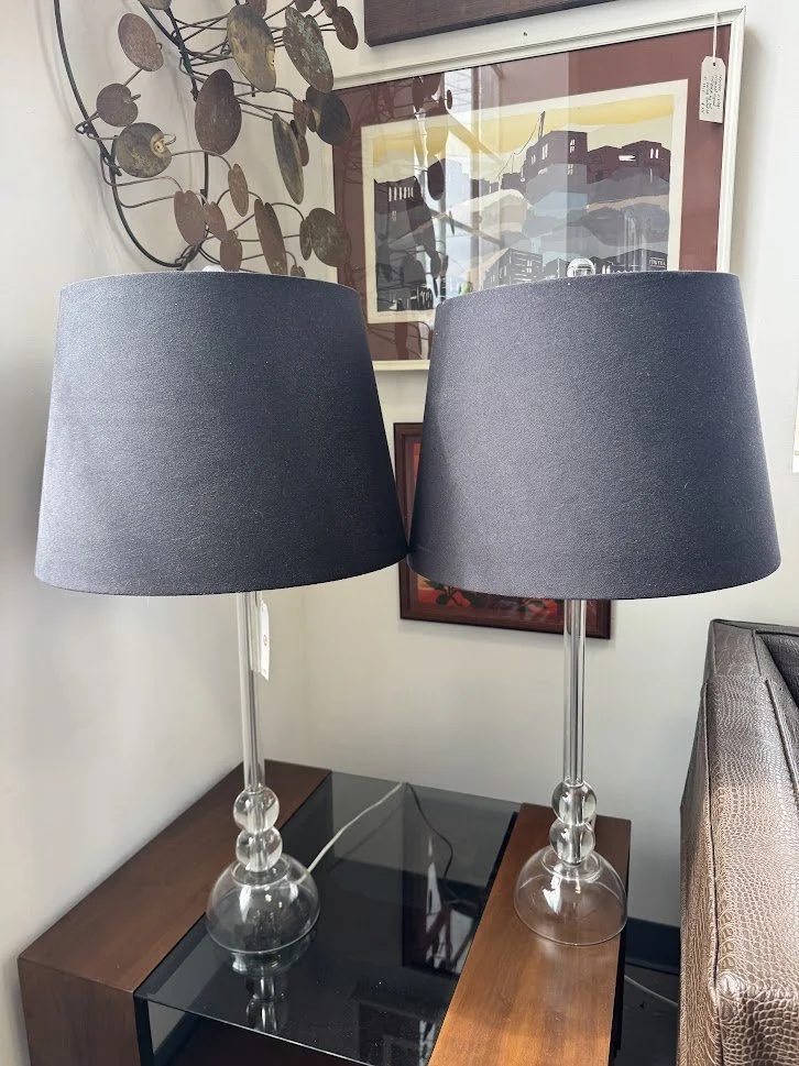 Pair of Clear Glass Lamps with Black Shades