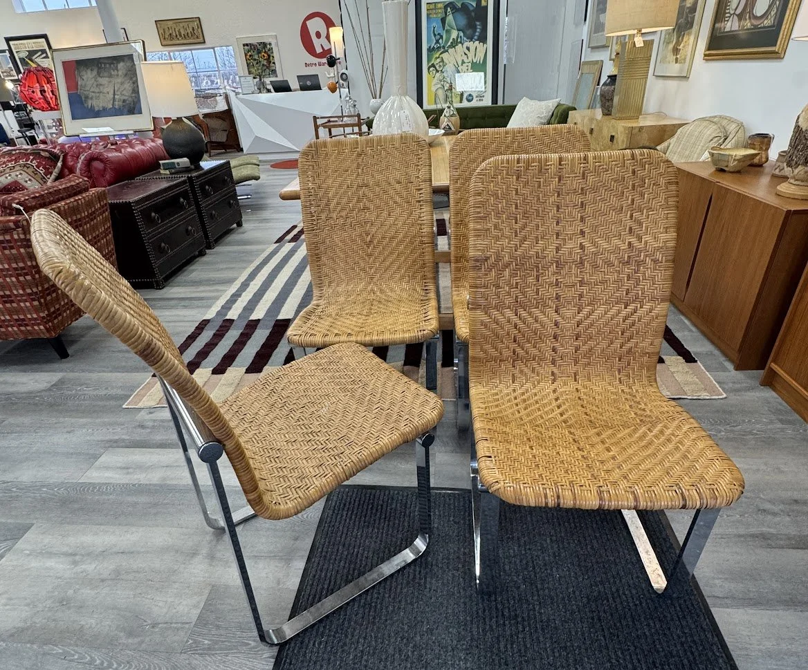 Fabulous Set of 4 Vintage Woven Rattan Dining Chairs w Chrome Base