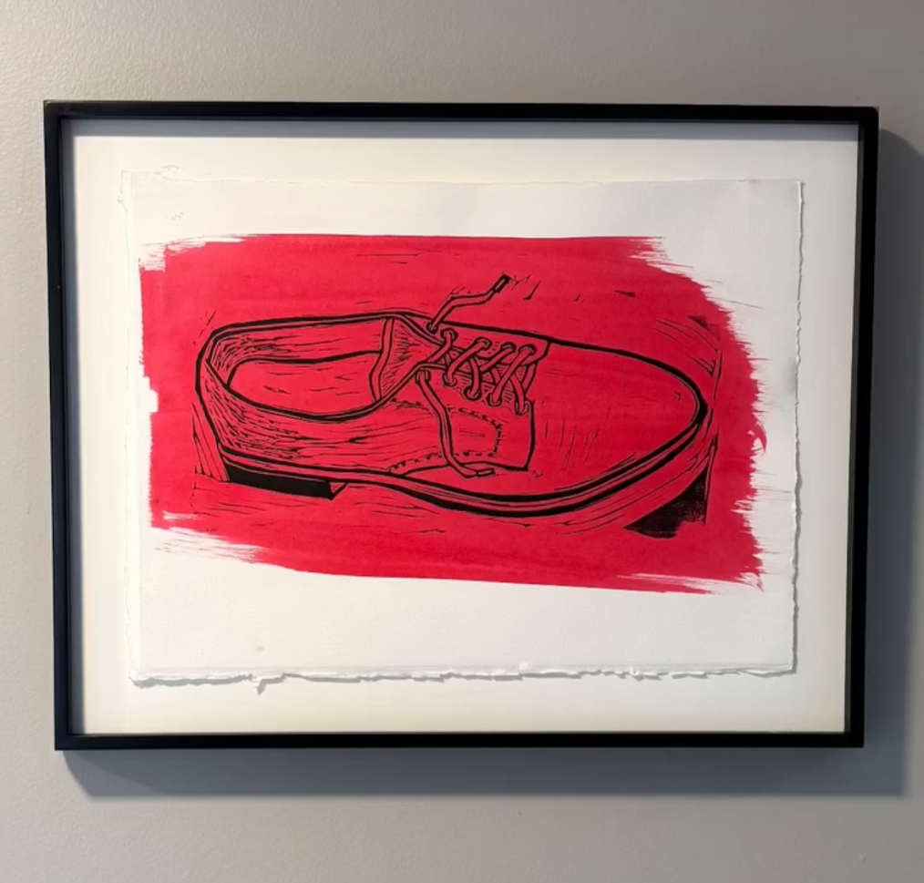 Original Block Print of a Red Shoe (Artist Unknown) Beautiful Custom Frame w Museum Glass
