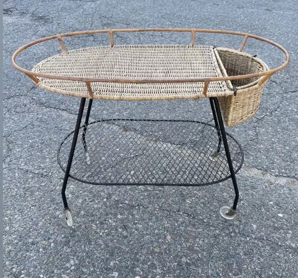 Vintage Arthur Umanoff Woven Reed Bar Cart