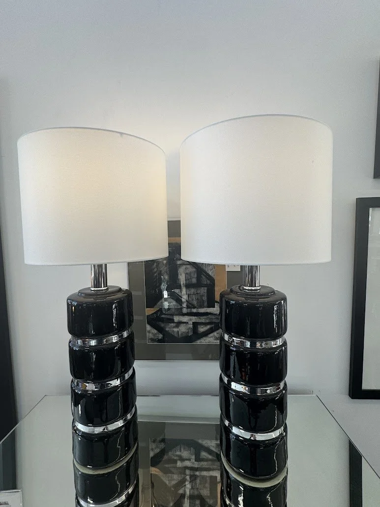 Pair of Fabulous Late 1970s - Early 1980s Black and Silver Ceramic Lamps