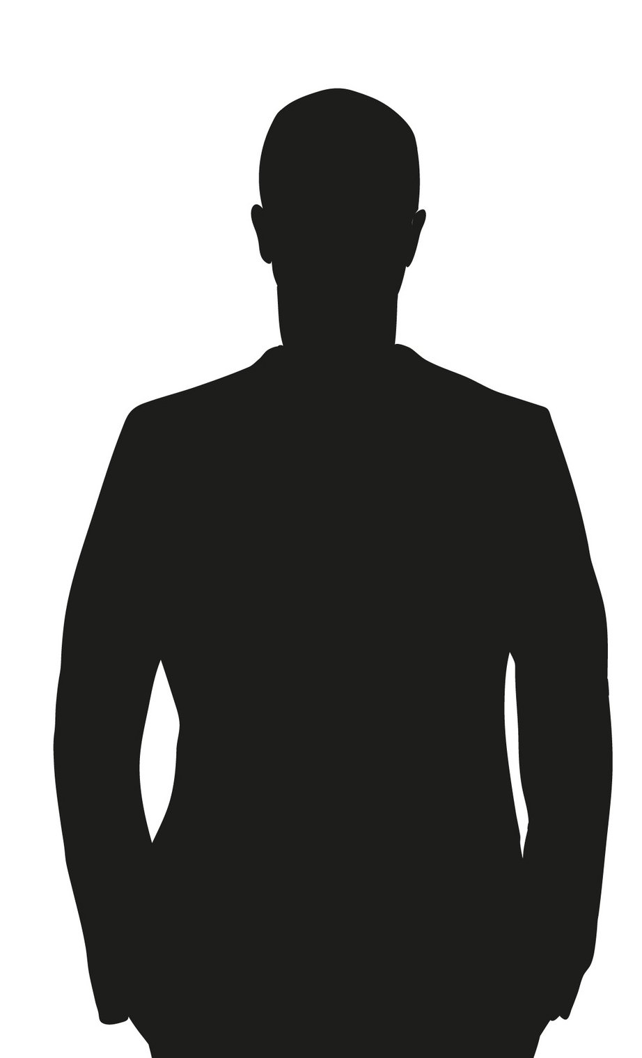 Silhouette of a person in a blazer with hands in pockets, facing forward, against a white background.