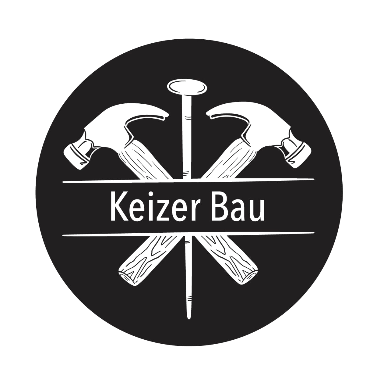 Schwarz-weiß-Logo mit Holzhämmern, einer Nadel und dem Schriftzug 'Keizer Bau'.
