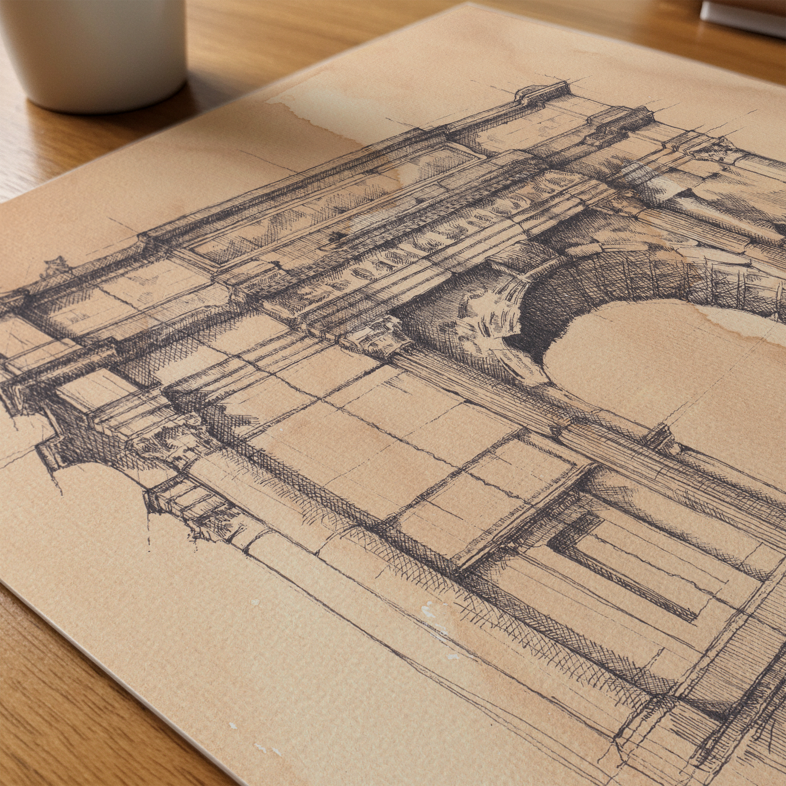 A detailed architectural sketch of a building on tan paper, placed on a wooden surface with a gray mug in the upper left corner.