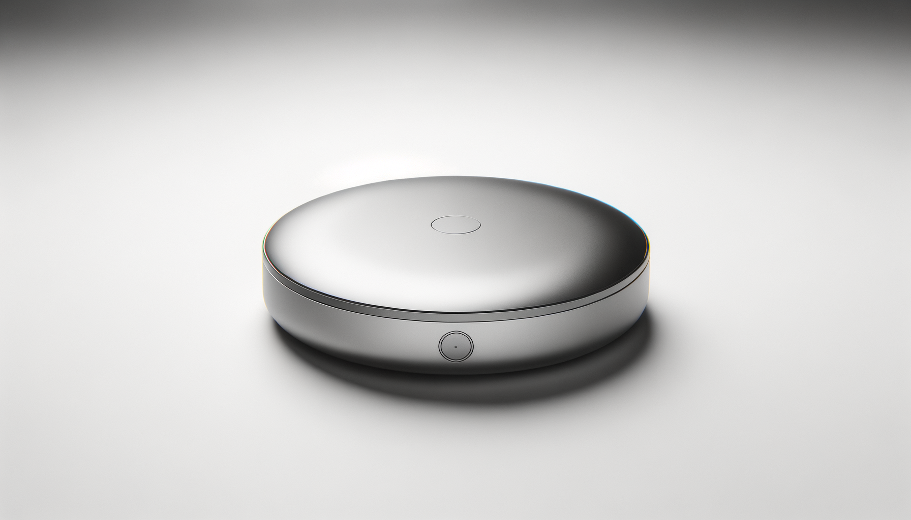 A sleek, silver, round robotic vacuum cleaner positioned on a plain white surface with a clean, minimal design.