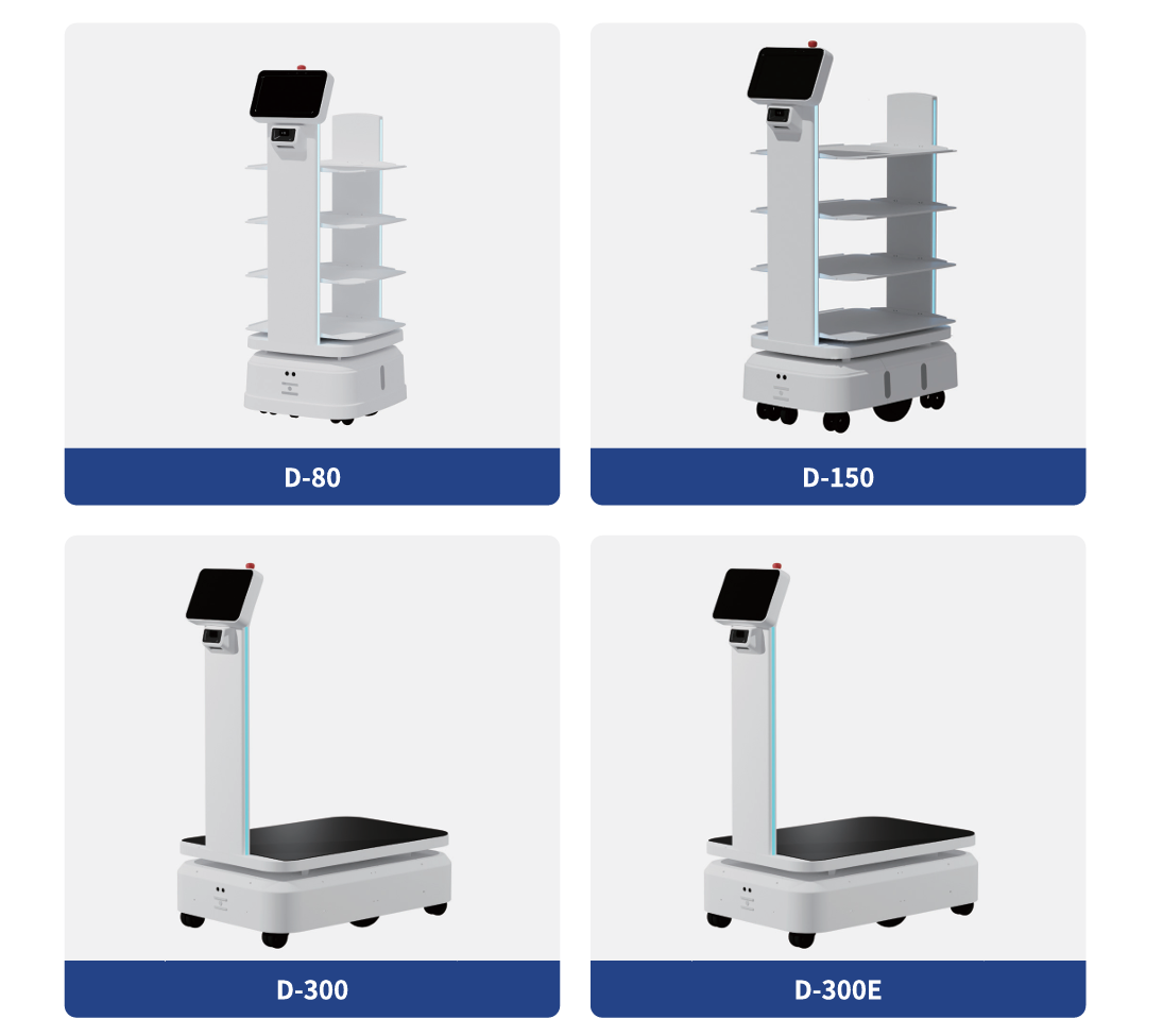 Four different types of stationary or mobile robot platforms with screens, labeled D-80, D-150, D-300, and D-300E, arranged in a 2x2 grid.